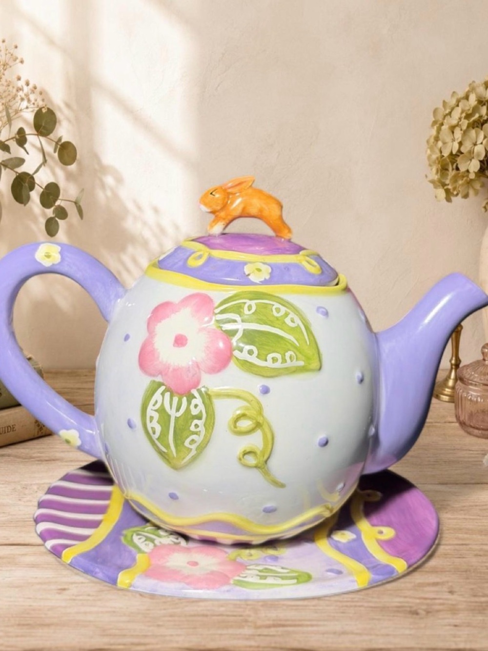 Home Interiors Lavender and Pink Floral Bunny Teapot